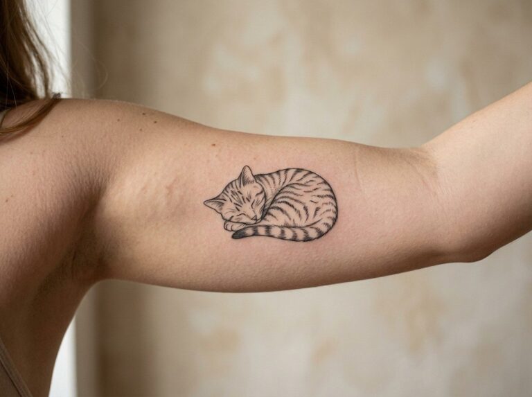 Cat tattoo: small black cat on the inner forearm
