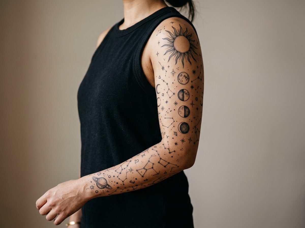 Celestial sleeve tattoo with sun, moon phases and stars
