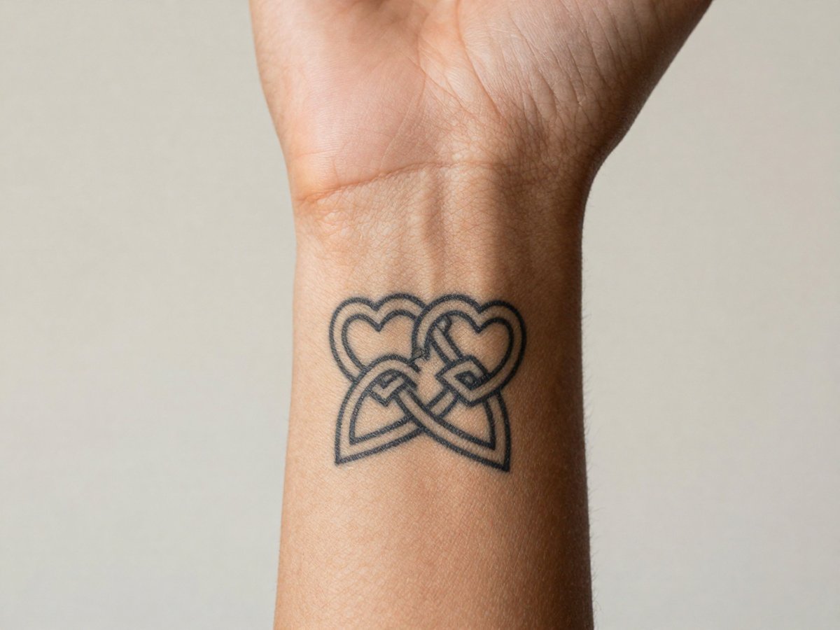 Celtic motherhood knot of two intertwined hearts tattoo on the inner wrist