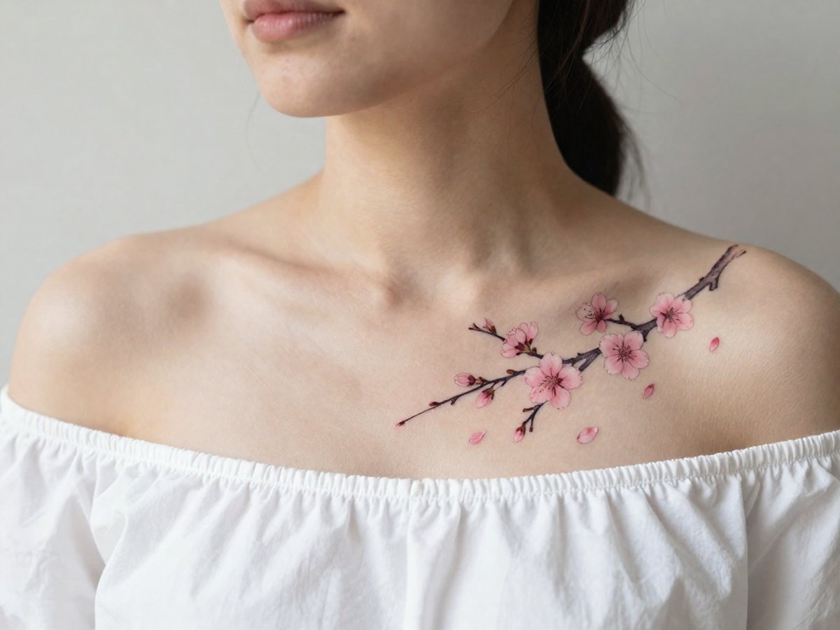 Cherry blossom tattoo meaning: dark branch with clusters of pink cherry blossoms and drifting petals tattoo on the collarbone
