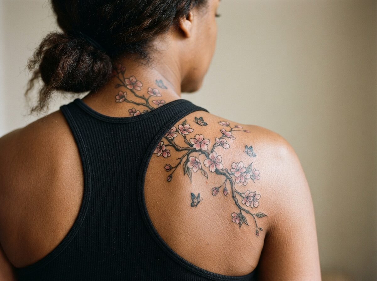 A flowing cherry blossom branch with pink blossoms and butterflies on the shoulder blade