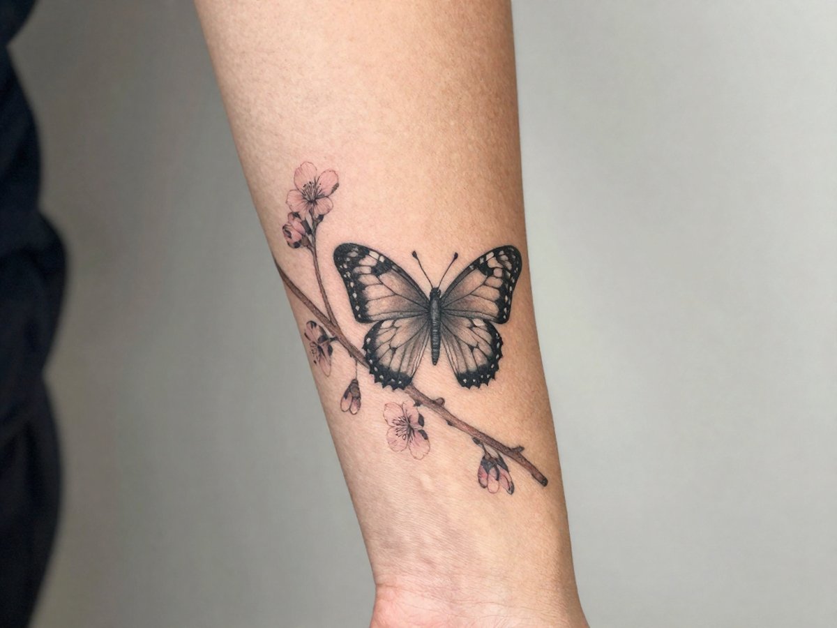 Butterfly resting on a cherry blossom branch tattoo on the inner forearm