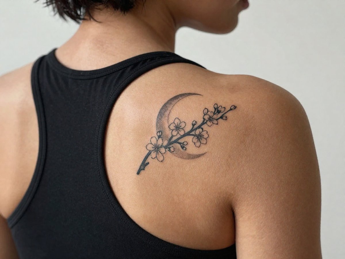 Cherry blossom branch crossing a crescent moon tattoo on the shoulder blade