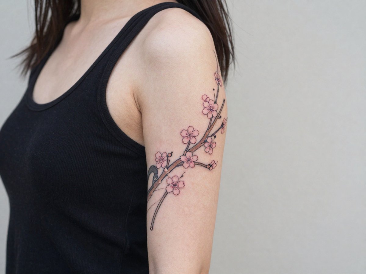 Japanese style half sleeve of flowing cherry blossom branches, pink blossoms and wind bars tattoo on the upper arm