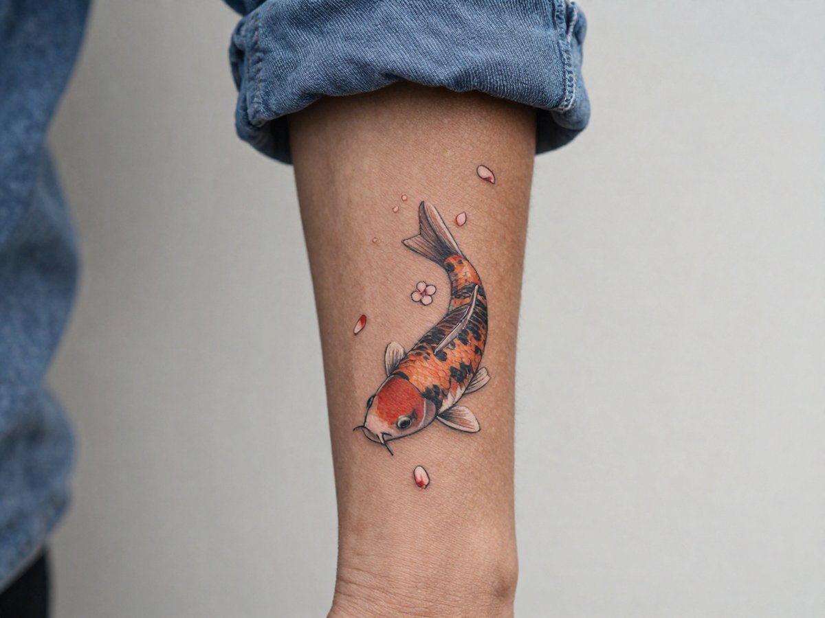 Koi fish swimming upward among falling cherry blossom petals tattoo on the outer forearm