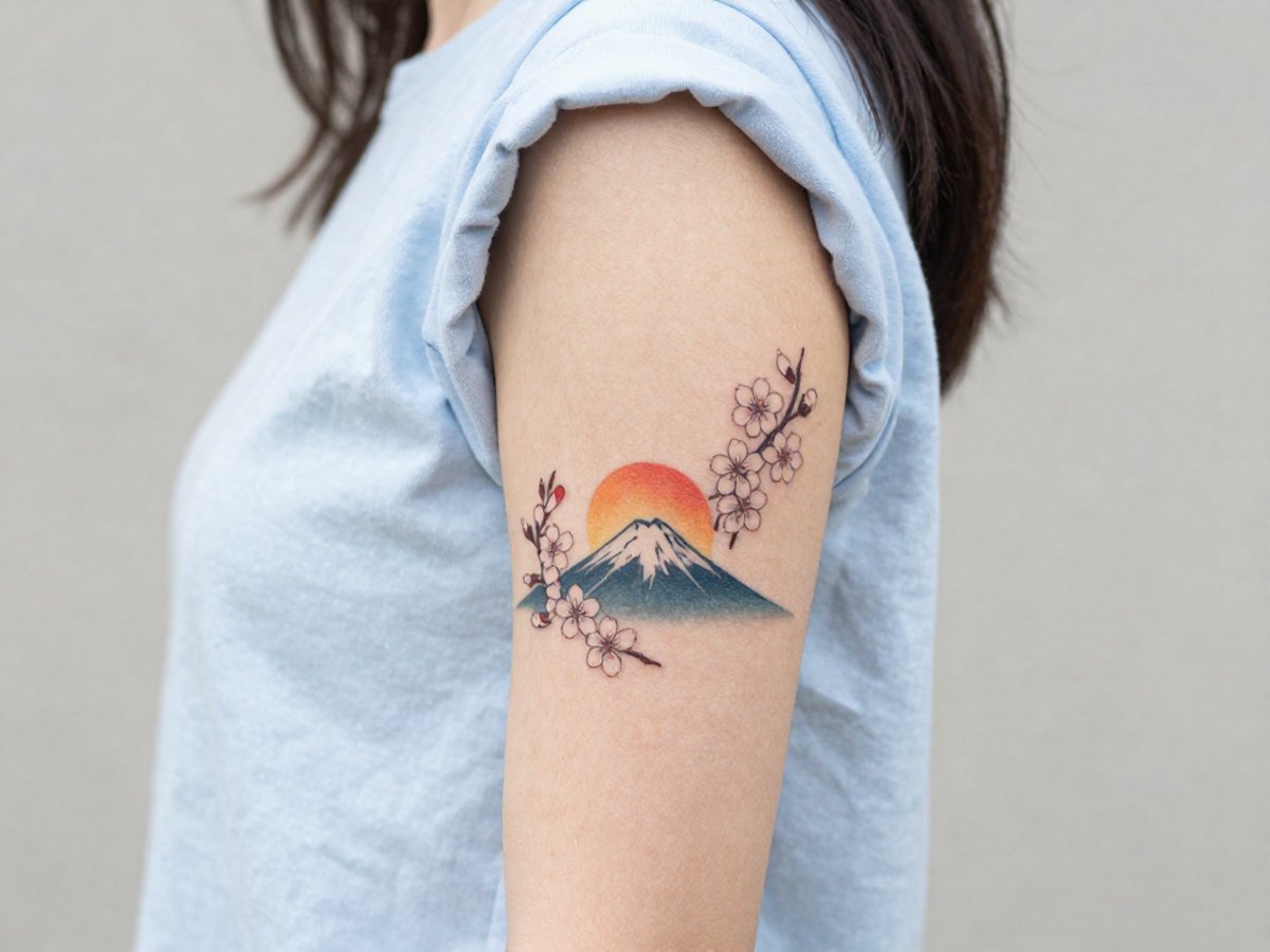 Cherry blossom branch framing Mount Fuji and a rising sun tattoo on the upper arm