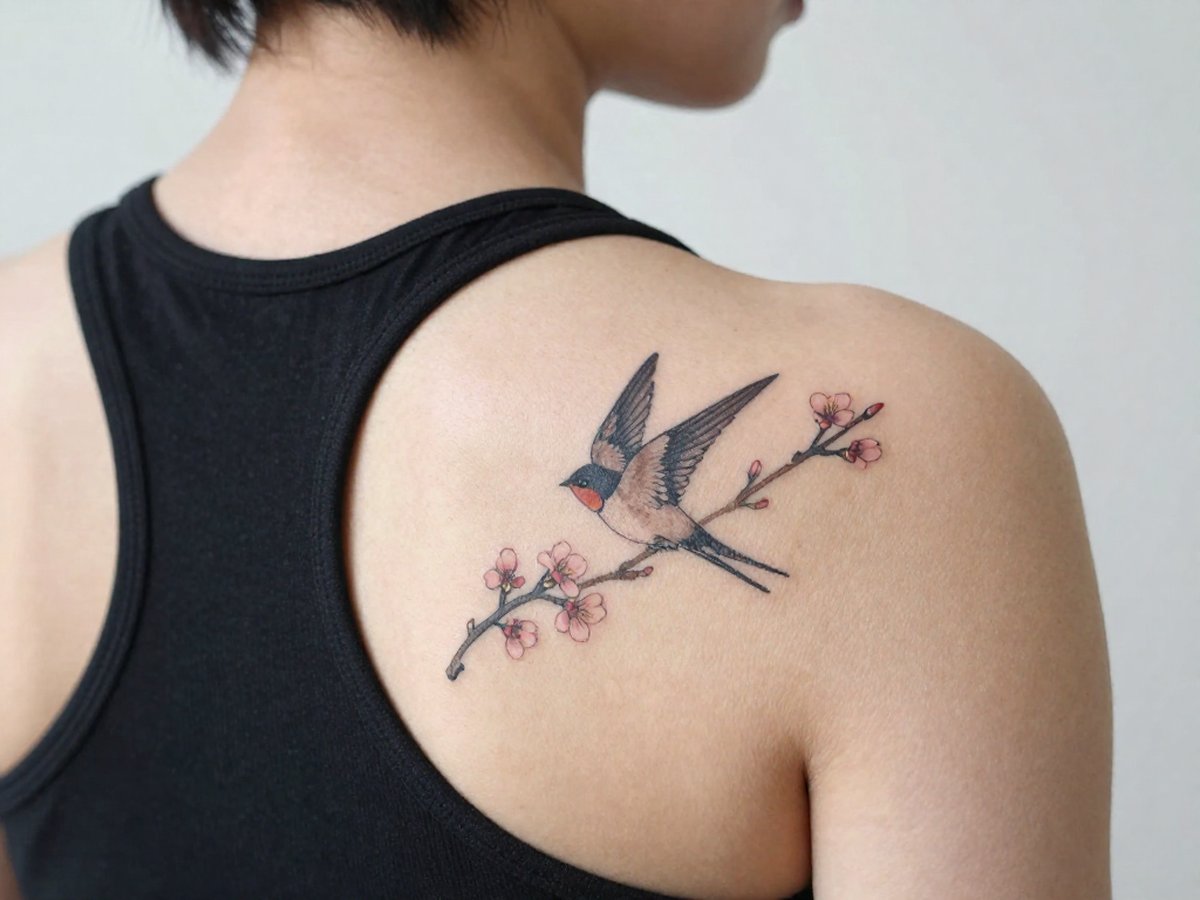 Swallow flying past a blooming cherry blossom branch tattoo on the back of the shoulder