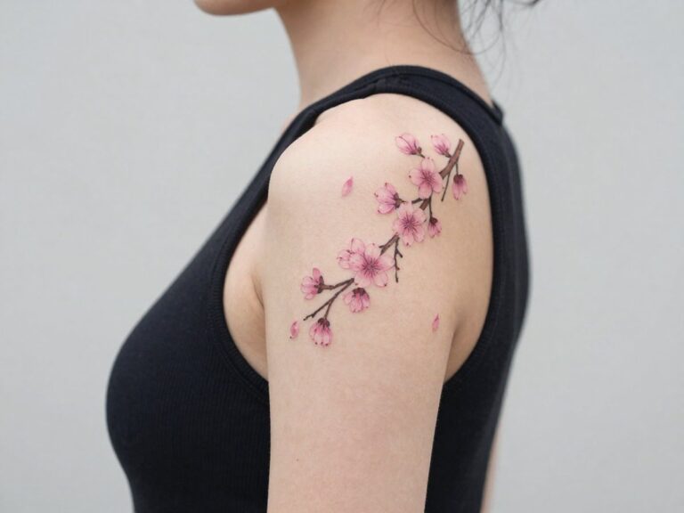 Cherry blossom tattoo meaning: pink cherry blossom branch tattoo on the shoulder