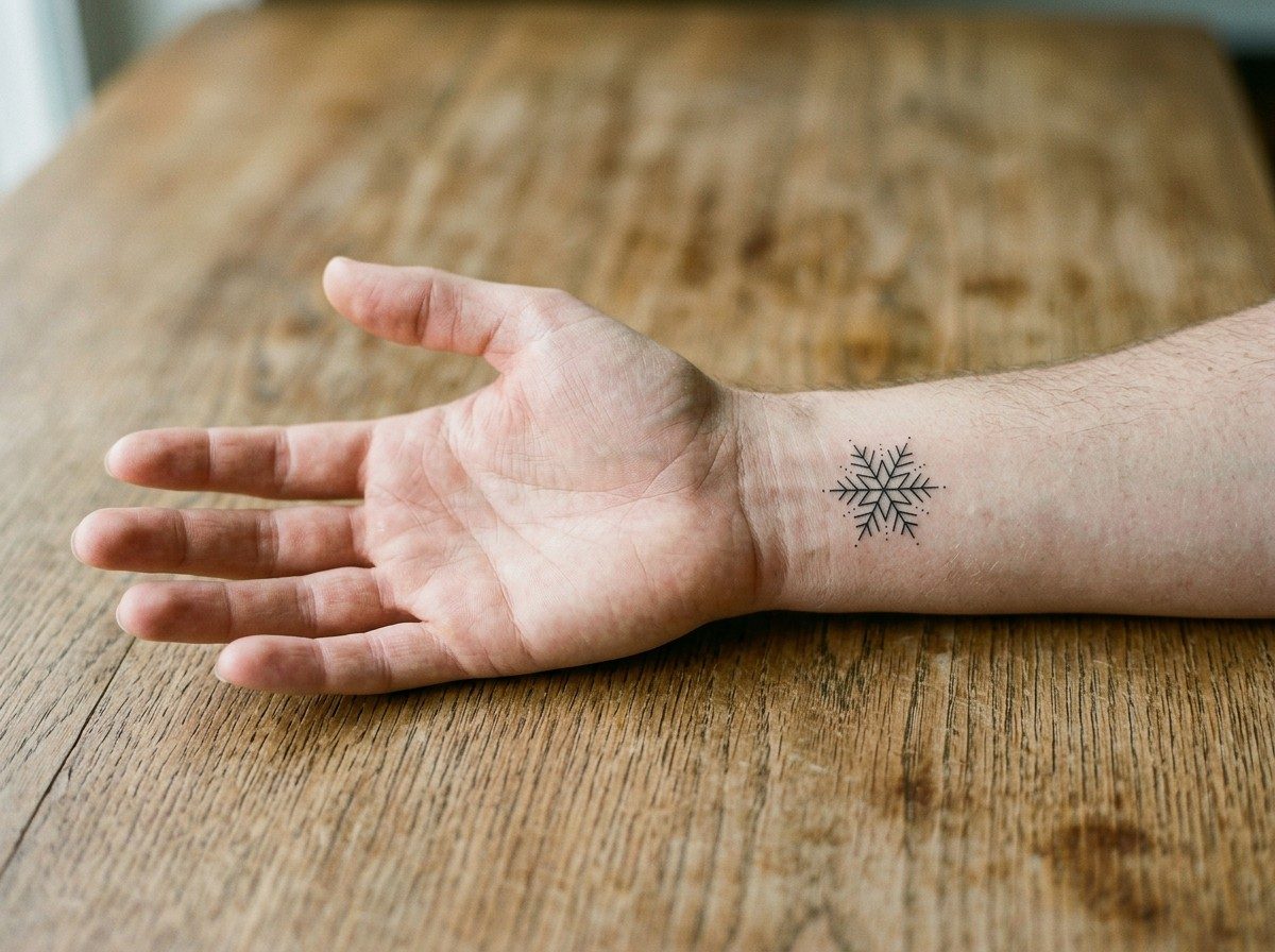 Christmas tattoo: fine line snowflake on the inner wrist