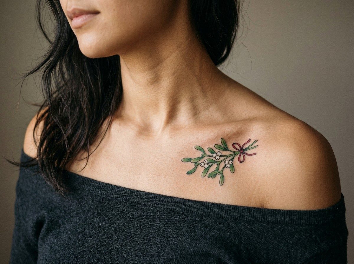 Christmas tattoo: mistletoe with ribbon on the collarbone