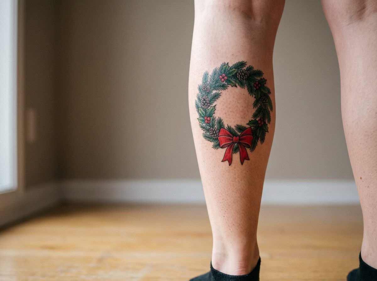 Christmas tattoo: winter wreath on the calf