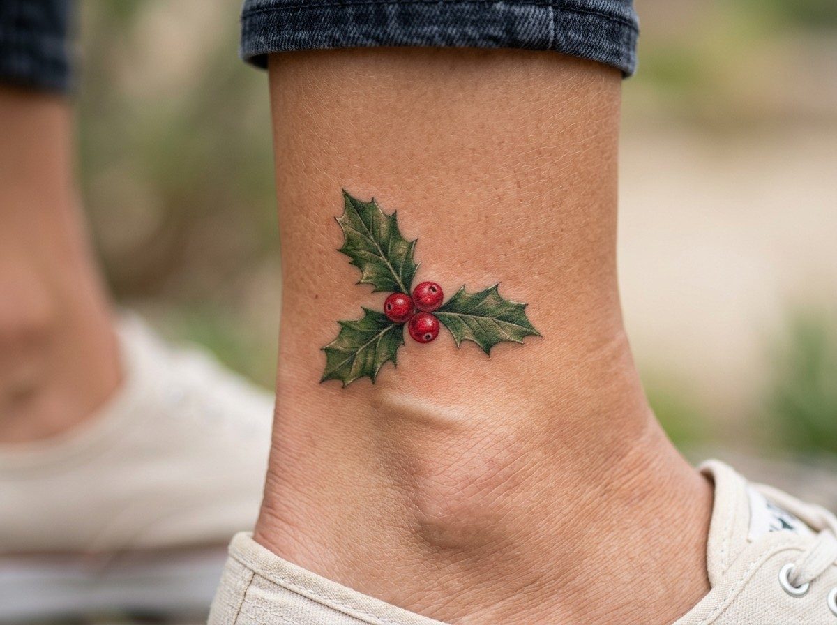Christmas tattoo: holly sprig on the ankle