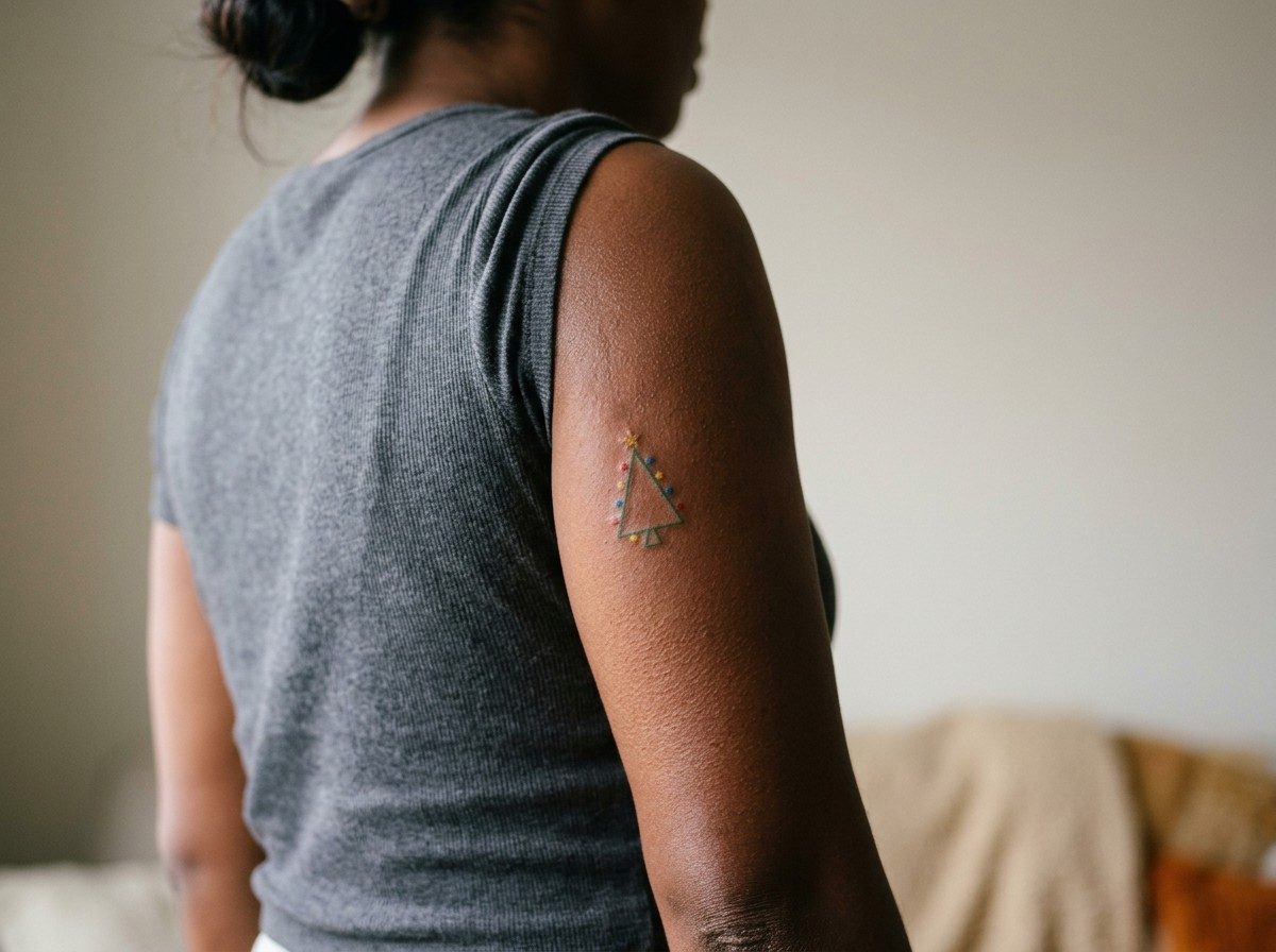 Christmas tattoo: tiny christmas tree on the back of the upper arm