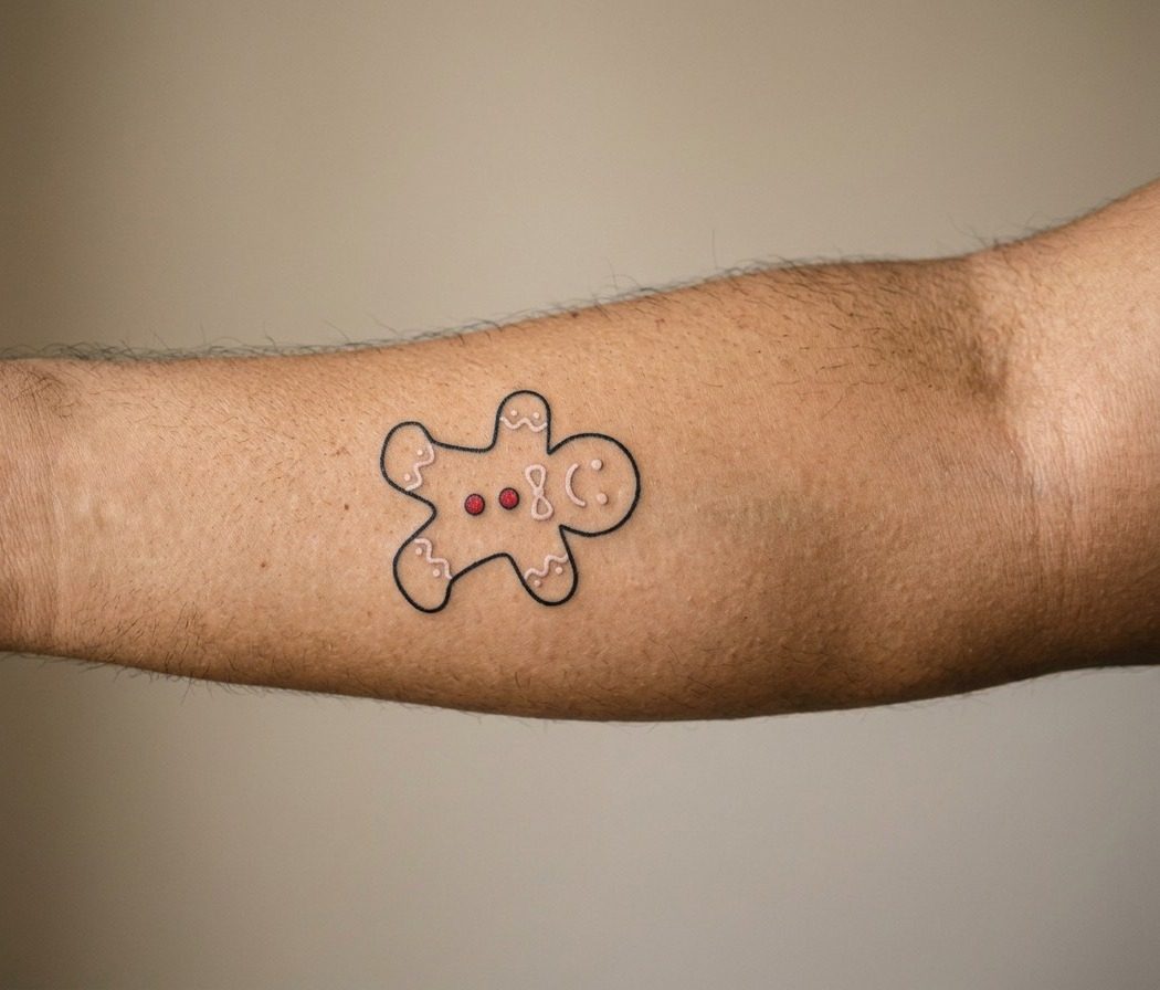 Christmas tattoo: gingerbread man on the outer forearm