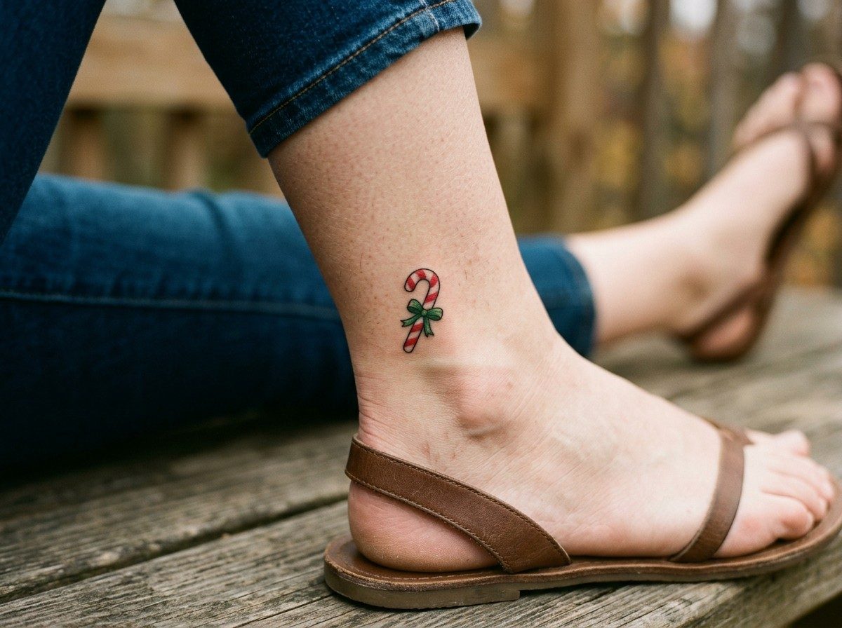 Christmas tattoo: candy cane and bow on the ankle