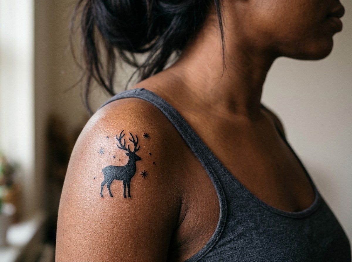 Christmas tattoo: reindeer silhouette on the shoulder