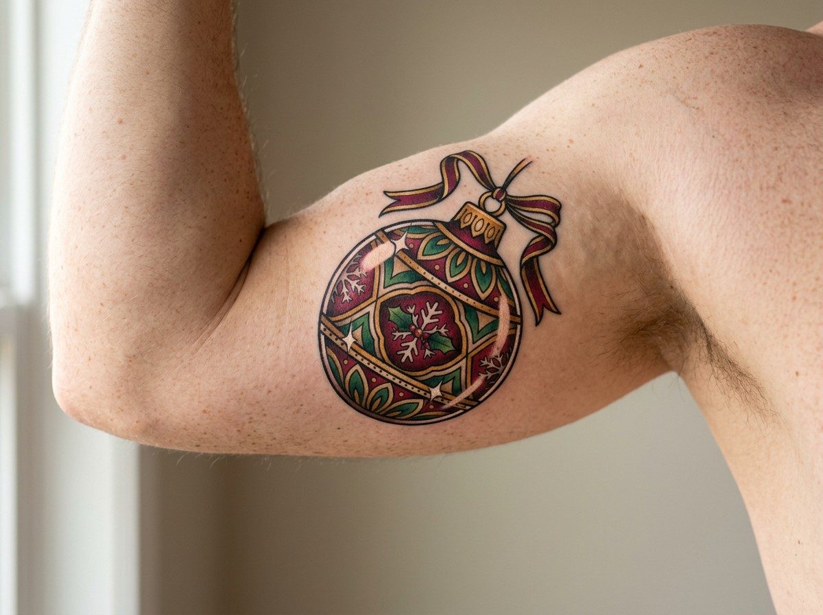 Christmas tattoo: christmas ornament bauble on the upper arm