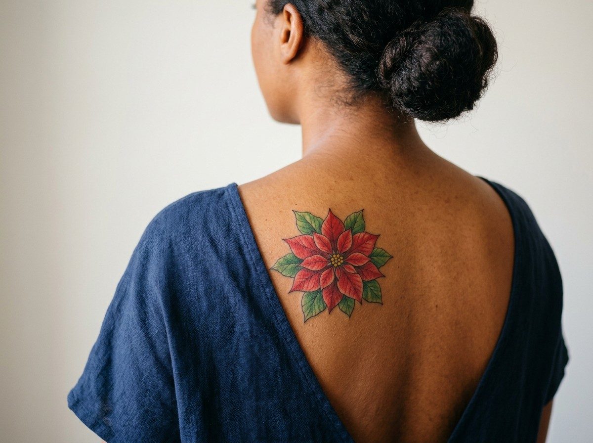 Christmas tattoo: poinsettia flower on the shoulder blade