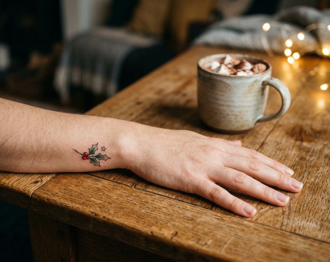 Christmas tattoo: fine line holly sprig with a tiny star on the wrist next to a mug of cocoa