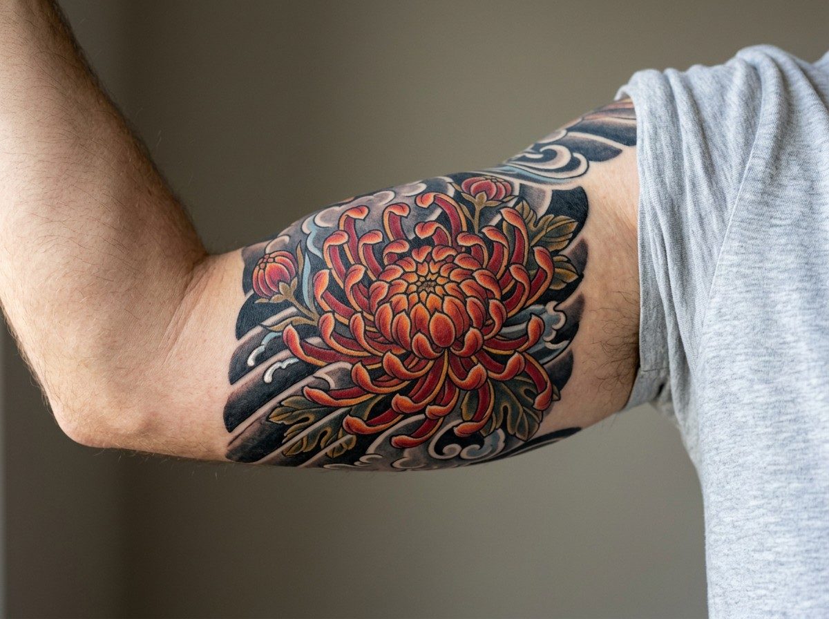 Chrysanthemum tattoo: traditional japanese chrysanthemum on the upper arm