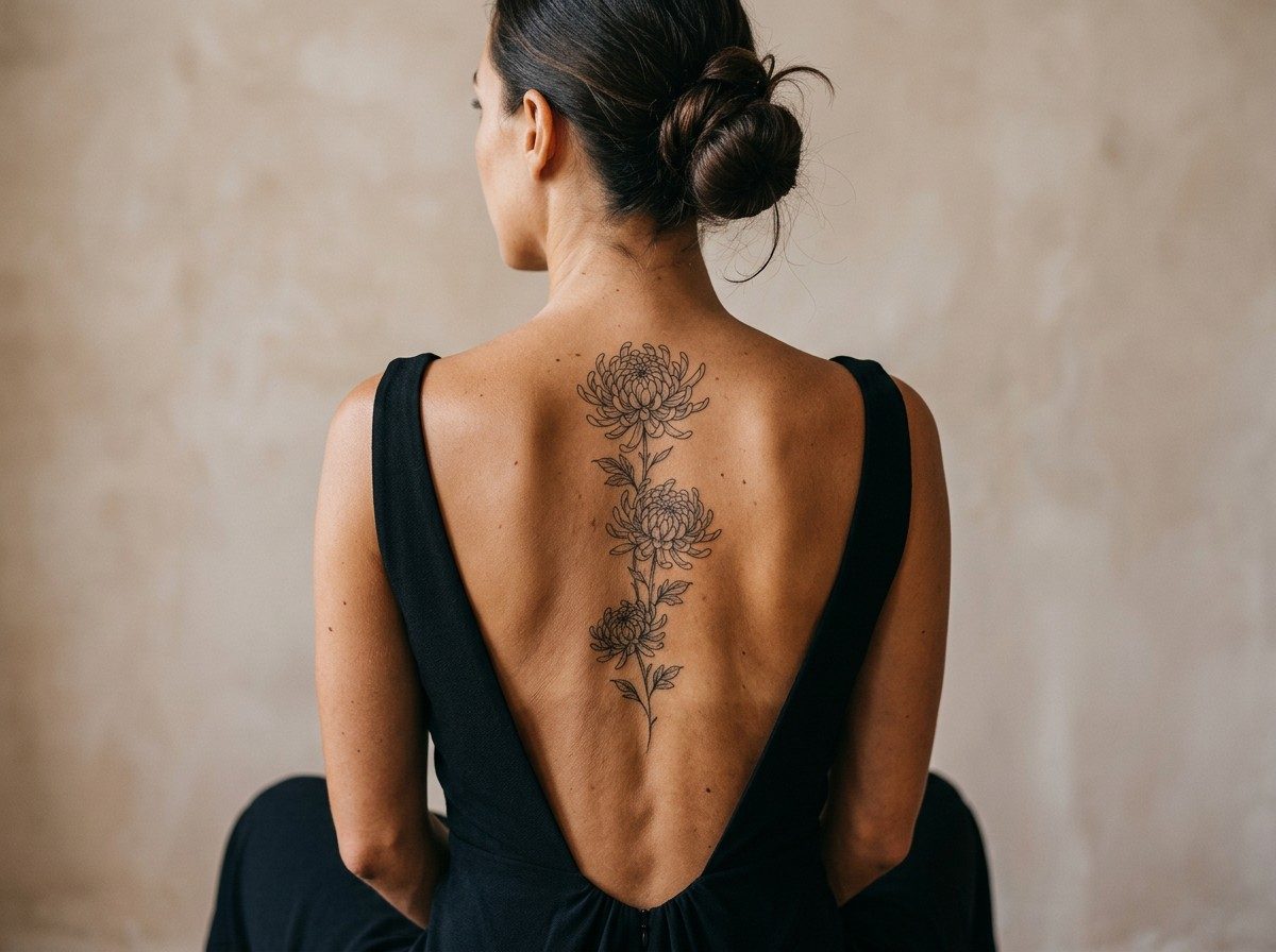 Chrysanthemum tattoo: chrysanthemum spine piece on the spine