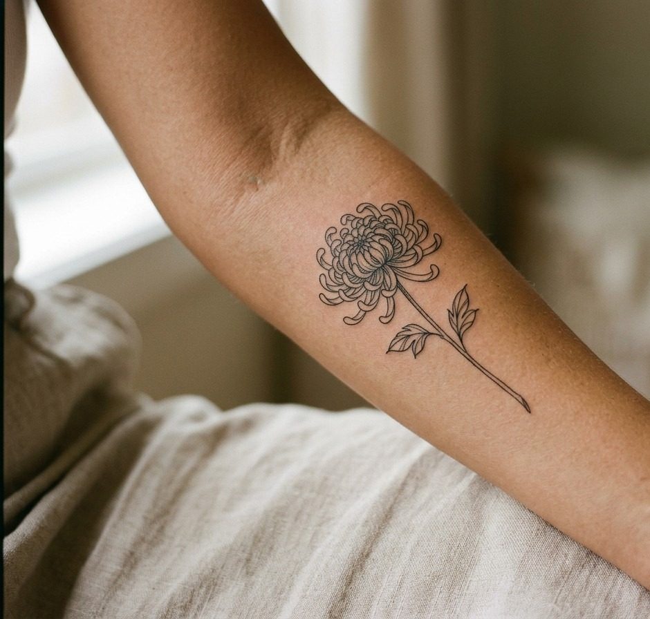Chrysanthemum tattoo: fine line chrysanthemum on the inner forearm