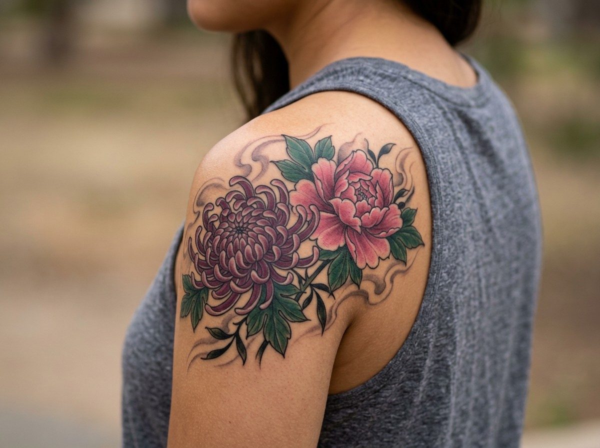 Chrysanthemum tattoo: chrysanthemum and peony combination on the shoulder