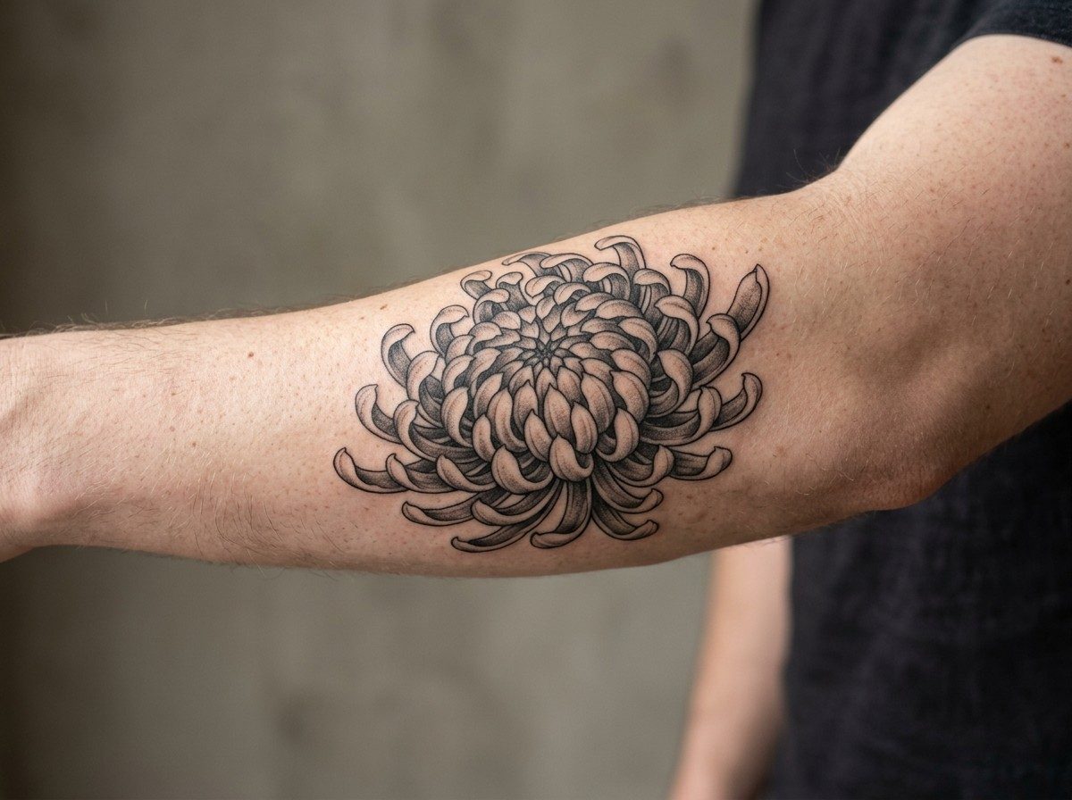 Chrysanthemum tattoo: black and grey chrysanthemum on the outer forearm