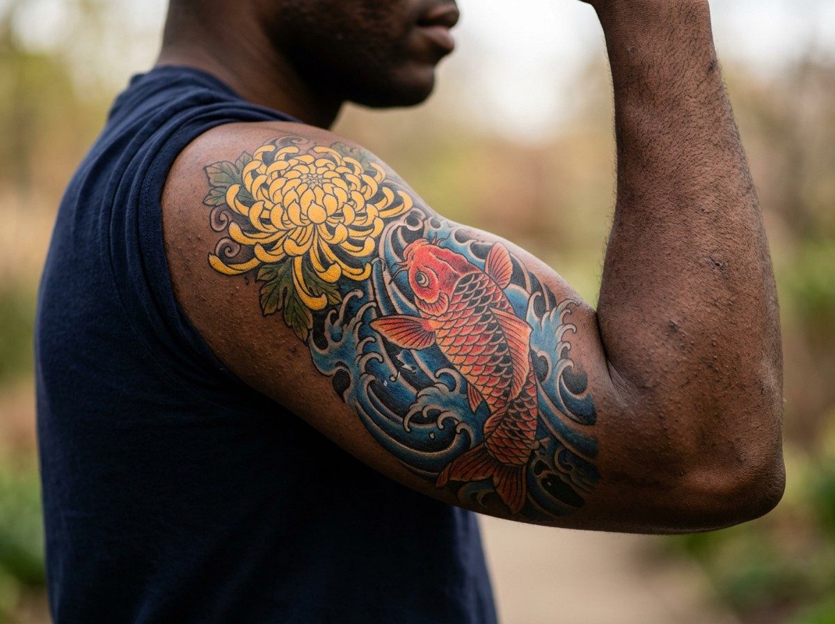 Chrysanthemum tattoo: chrysanthemum with koi fish on the upper arm