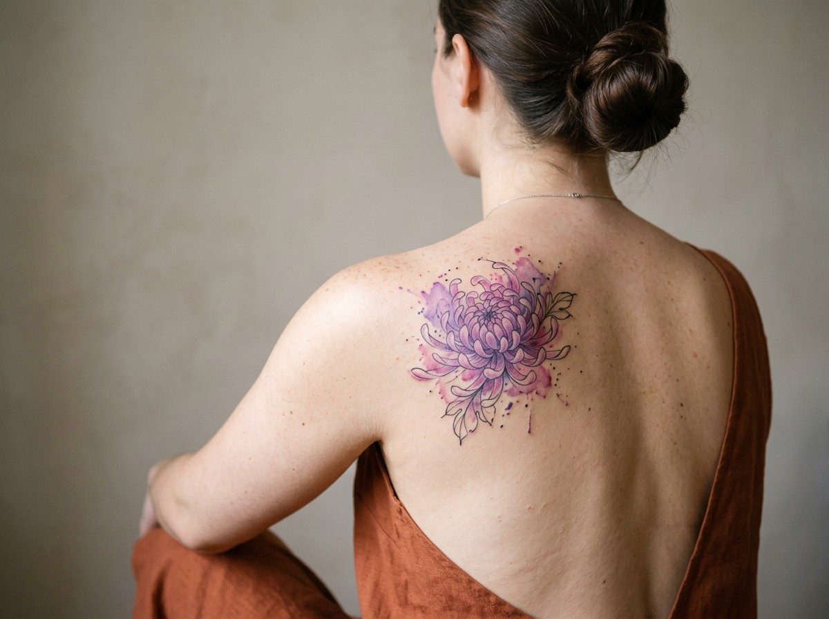 Chrysanthemum tattoo: watercolor chrysanthemum on the shoulder blade