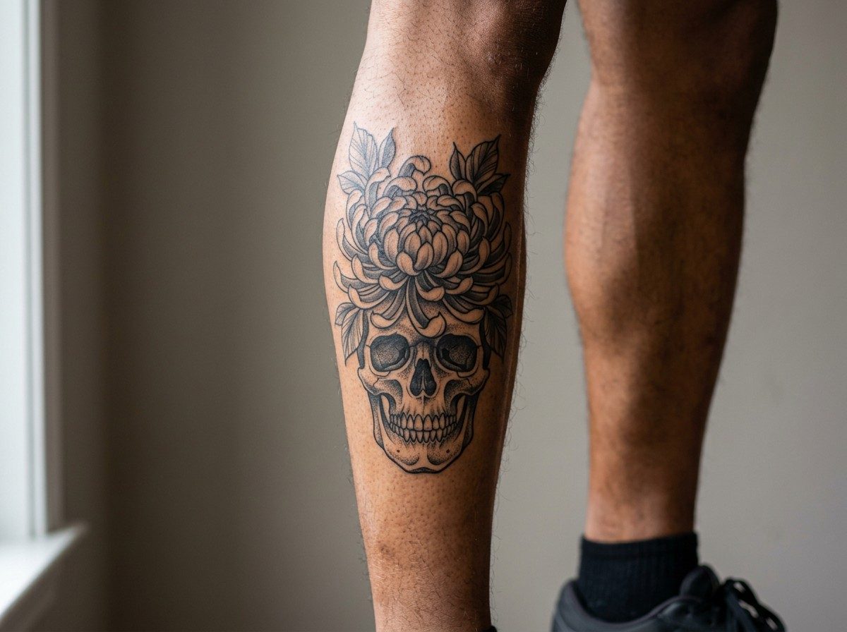 Chrysanthemum tattoo: chrysanthemum and skull on the calf