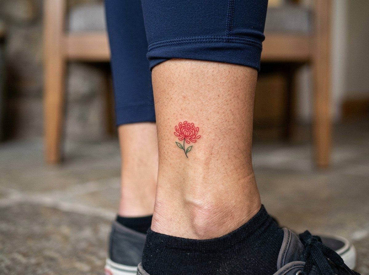 Chrysanthemum tattoo: small red chrysanthemum on the ankle