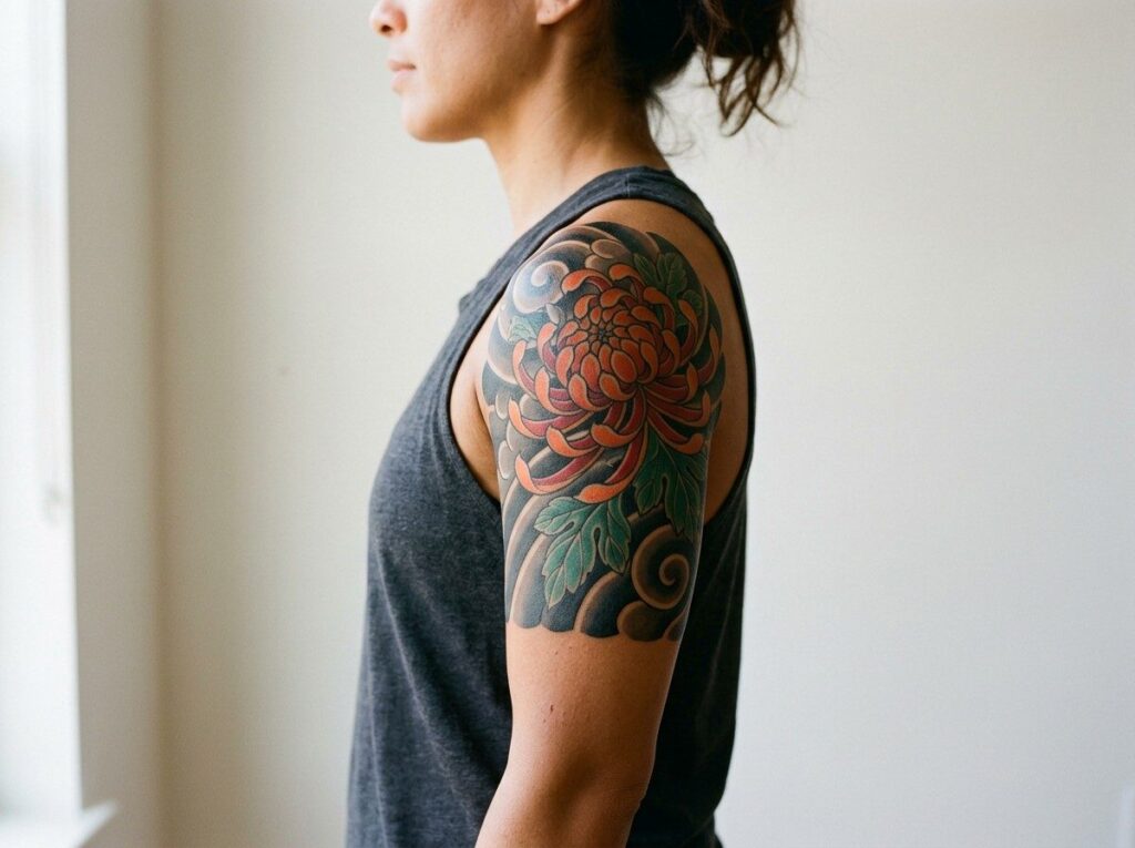Chrysanthemum tattoo: Japanese style chrysanthemum with wind bars on the shoulder