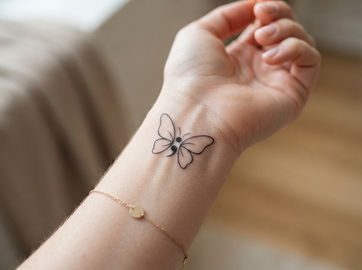 Semicolon butterfly tattoo: A classic semicolon butterfly with the semicolon as the body and simple open wings on the inner wrist