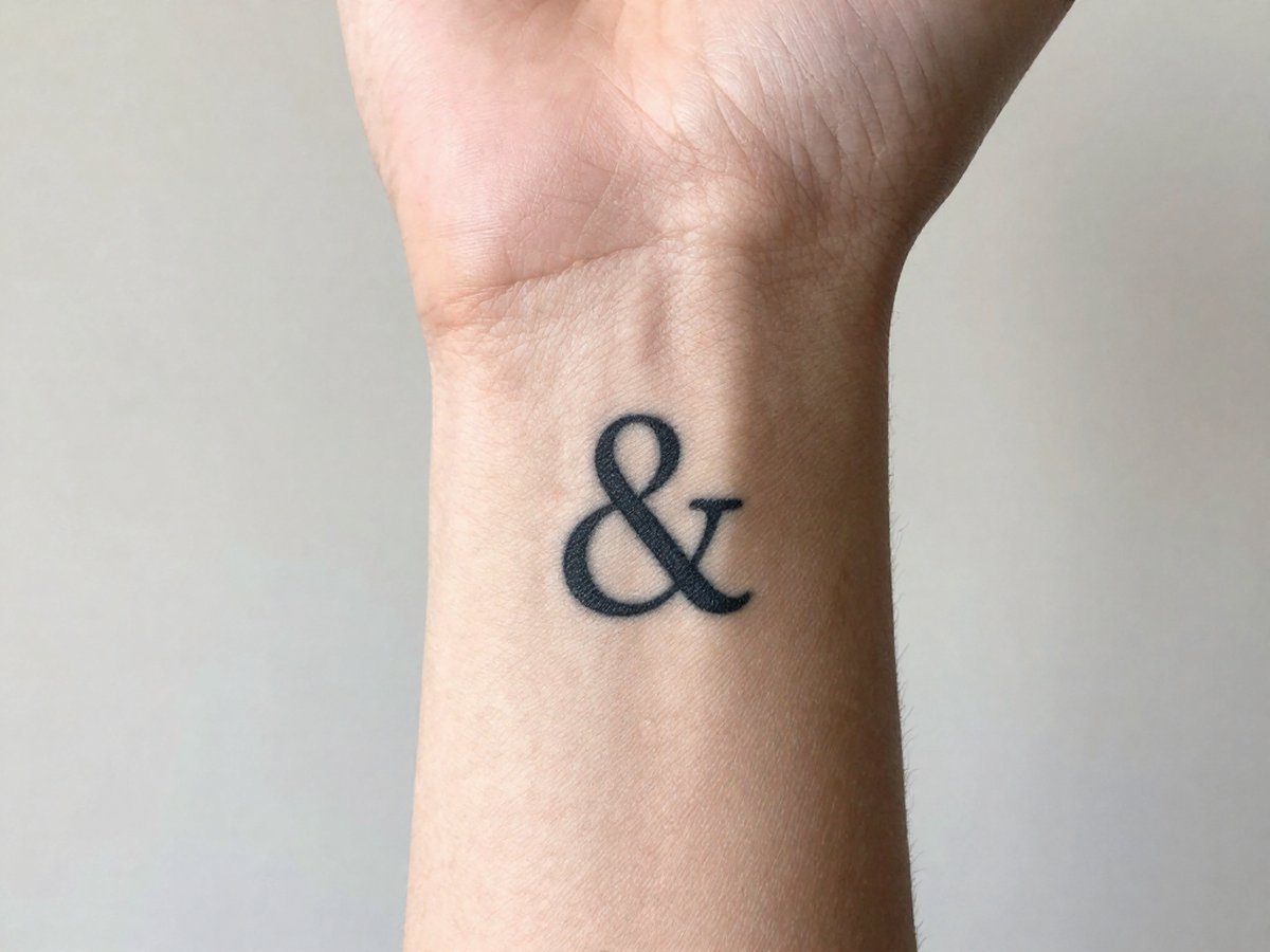 Ampersand tattoo meaning: small classic black serif ampersand symbol with thick and thin strokes tattoo on the inner wrist