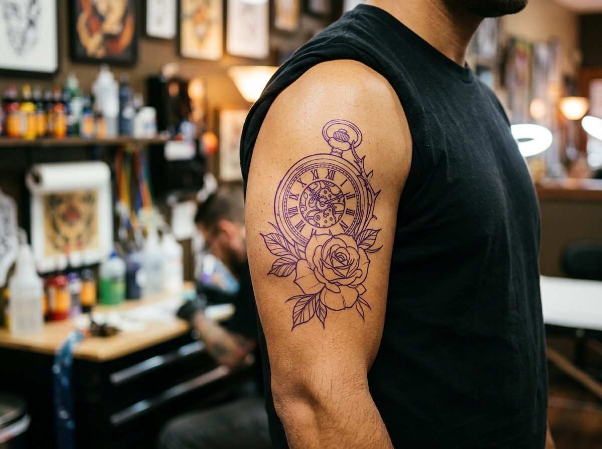 Clock and rose tattoo stencil on a man's upper arm
