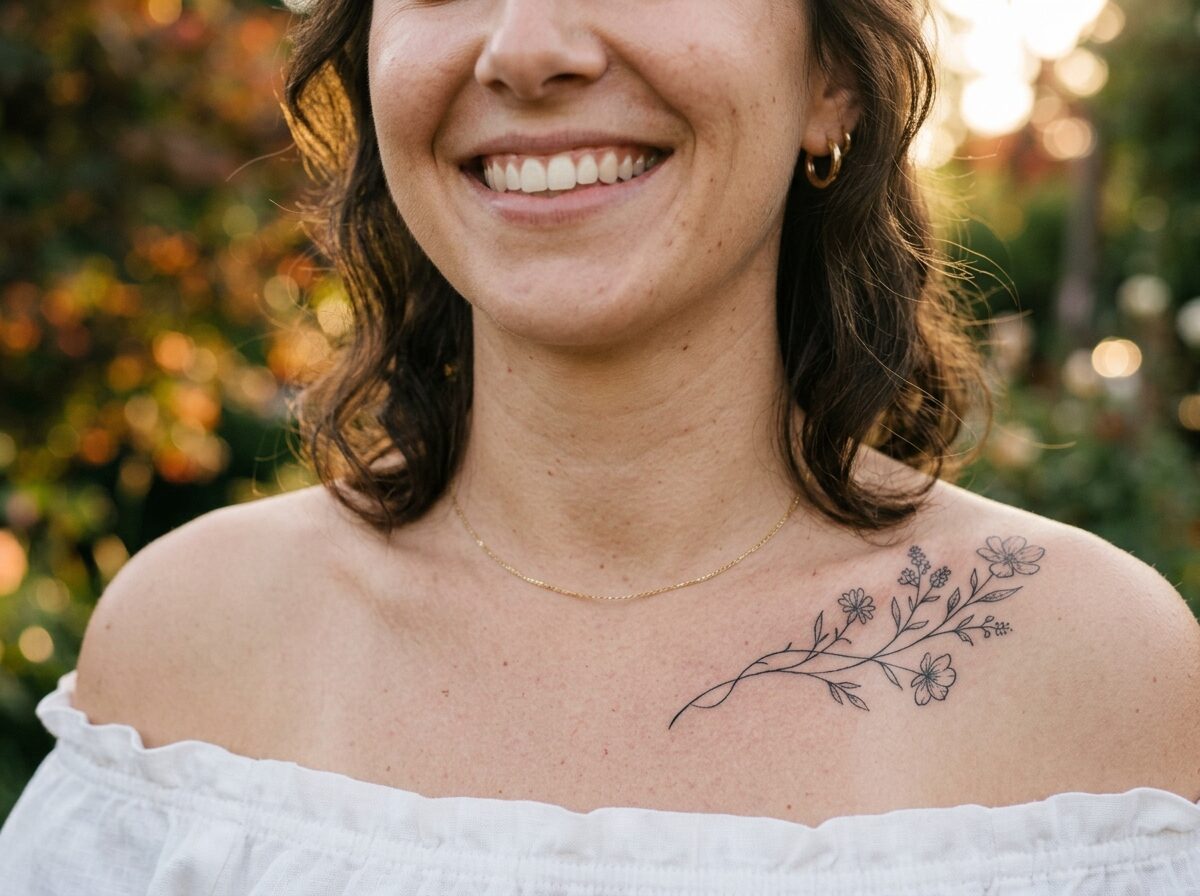 Collarbone tattoo: fine line flower vine on a smiling woman