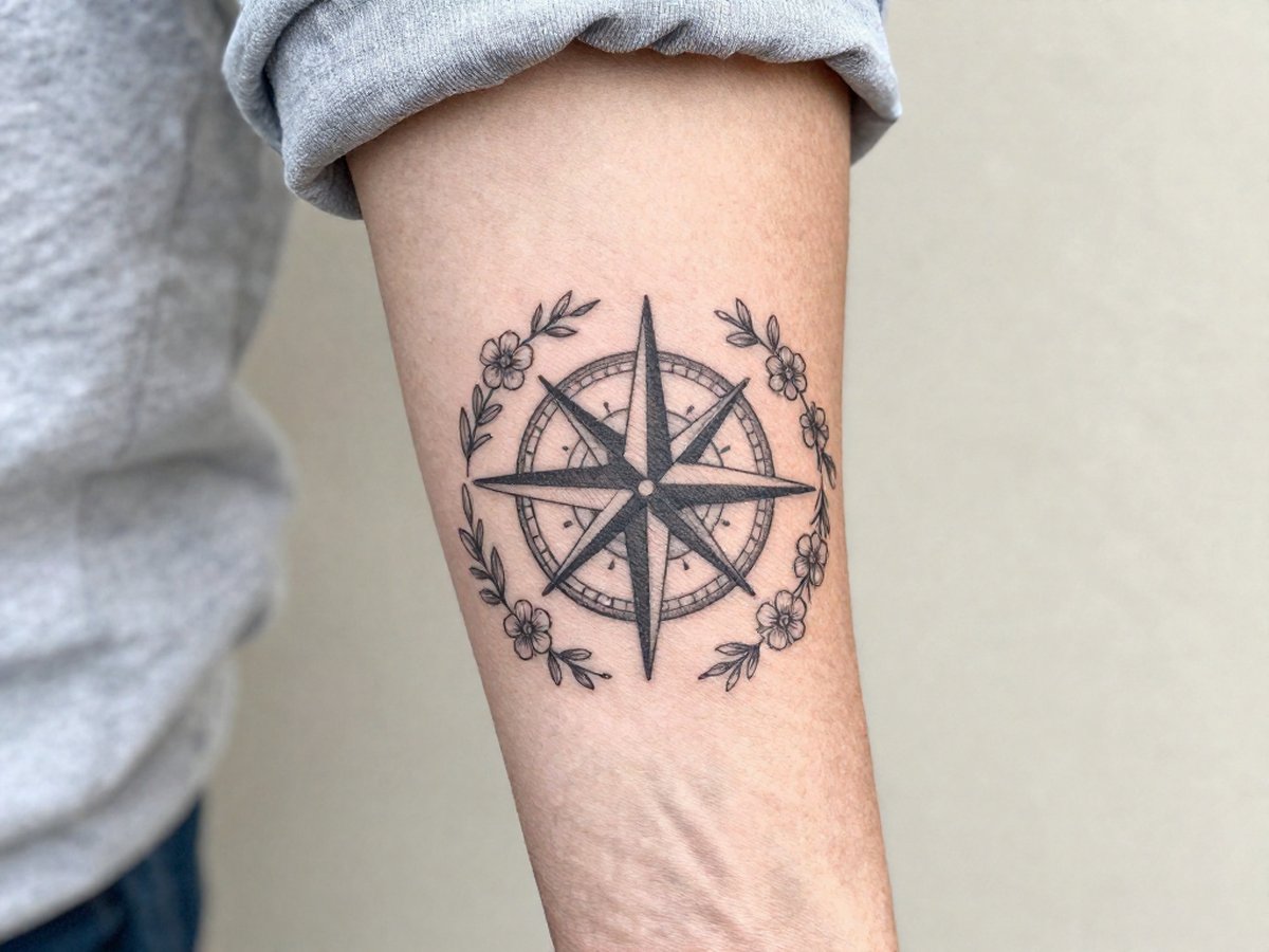 Fine line compass with small flowers tattoo on the outer forearm