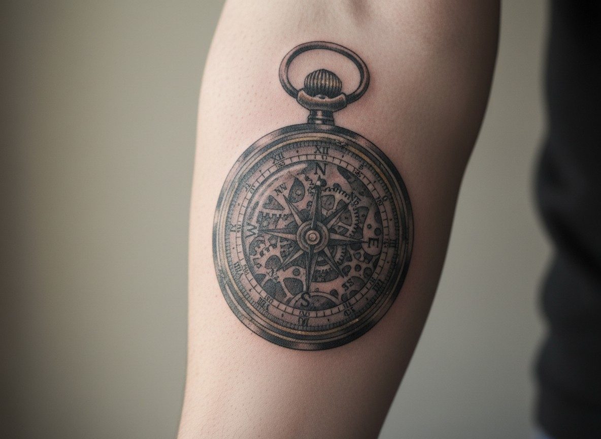 Compass tattoo: realistic pocket compass on the forearm