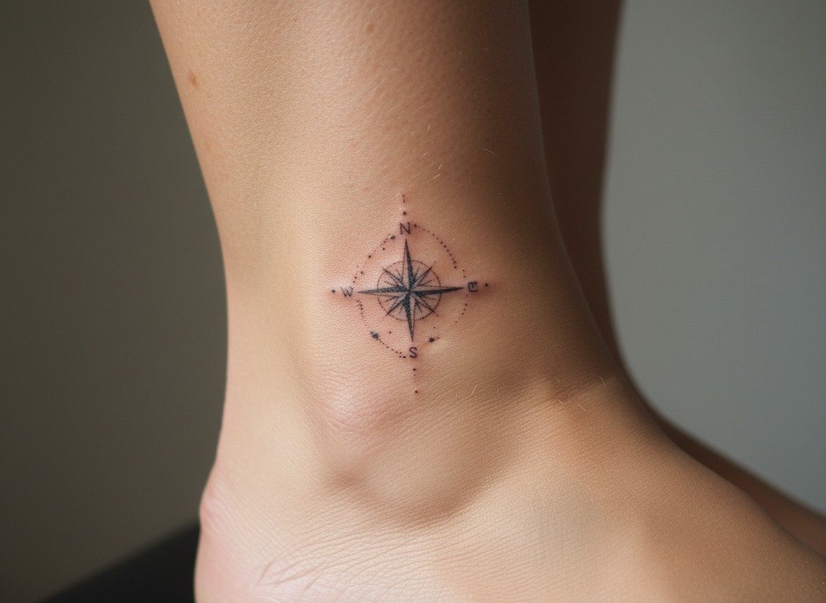 Compass tattoo: compass ankle tattoo on the ankle