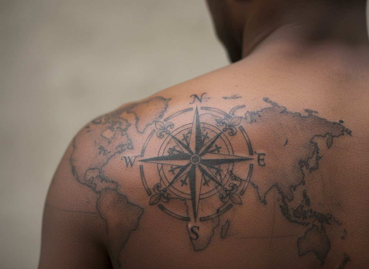Compass tattoo: compass and world map on the shoulder blade