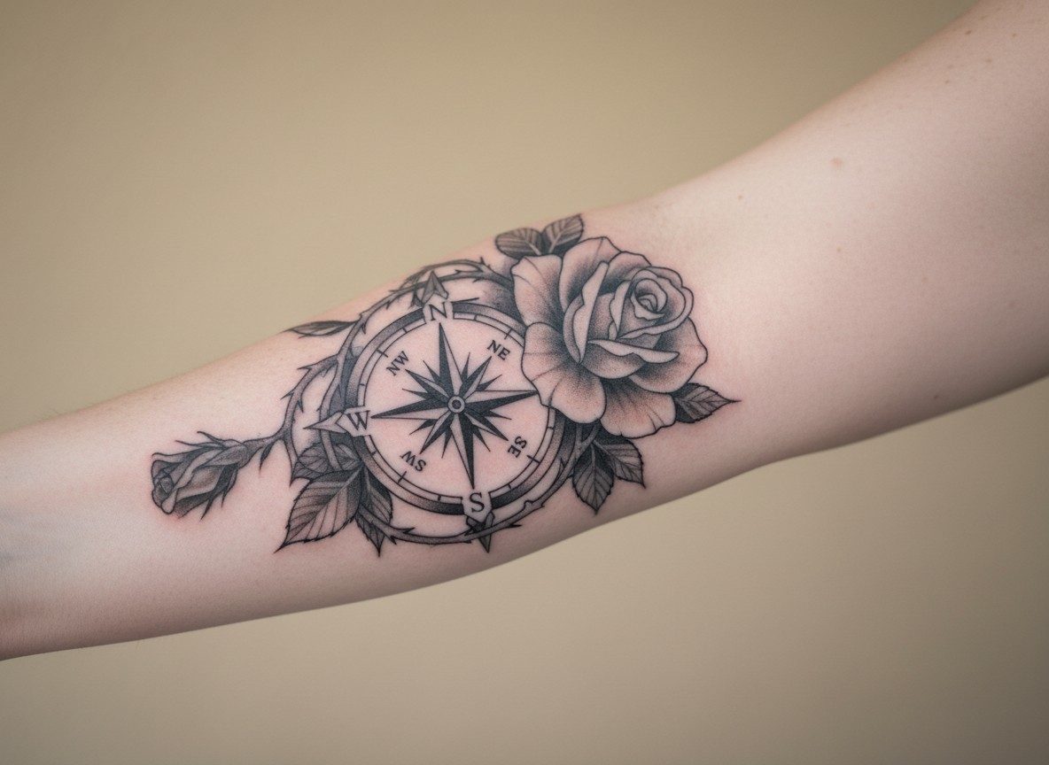 Compass tattoo: compass and rose on the outer forearm