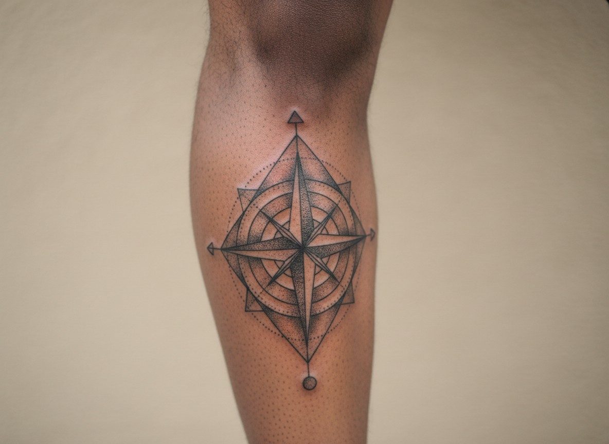 Compass tattoo: geometric compass on the calf