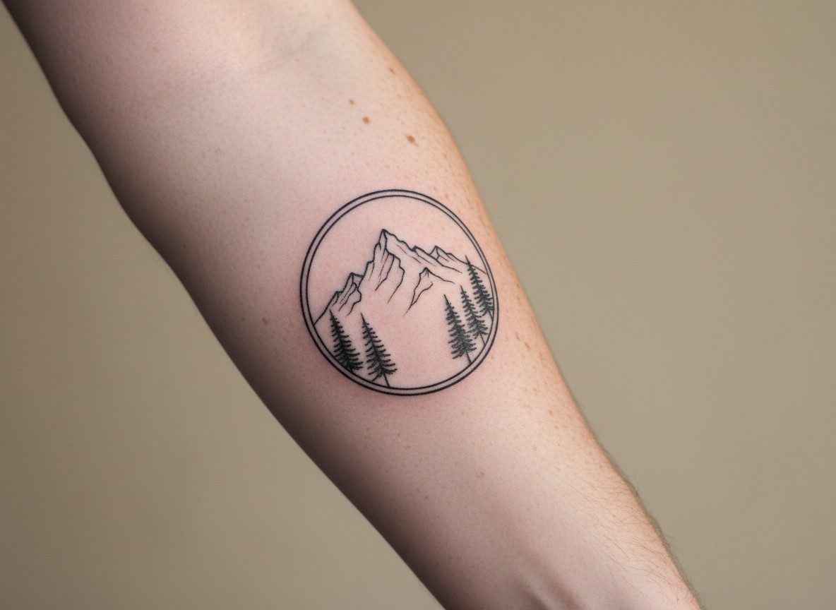 Compass tattoo: compass with mountains on the forearm