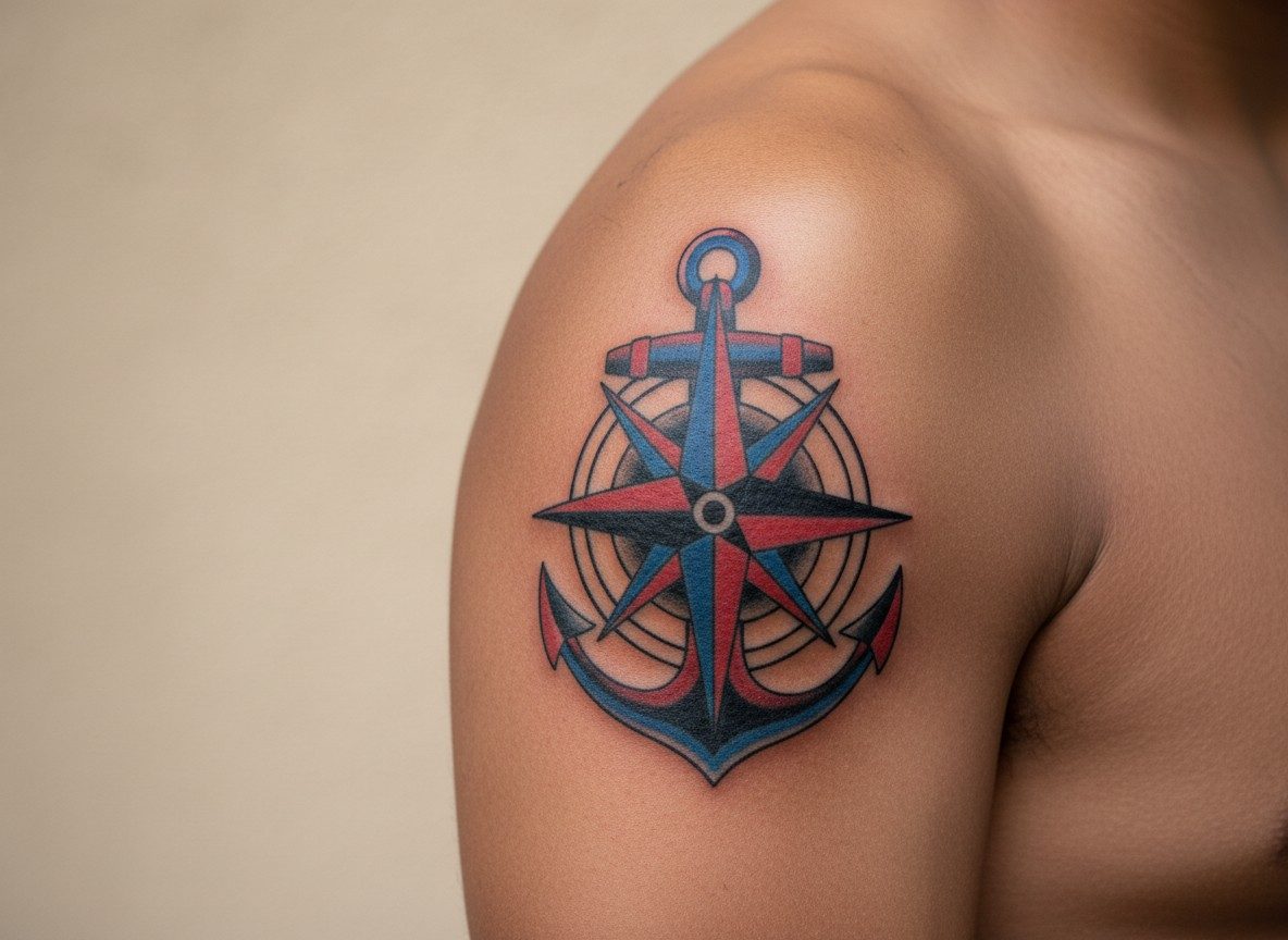Compass tattoo: nautical compass and anchor on the upper arm