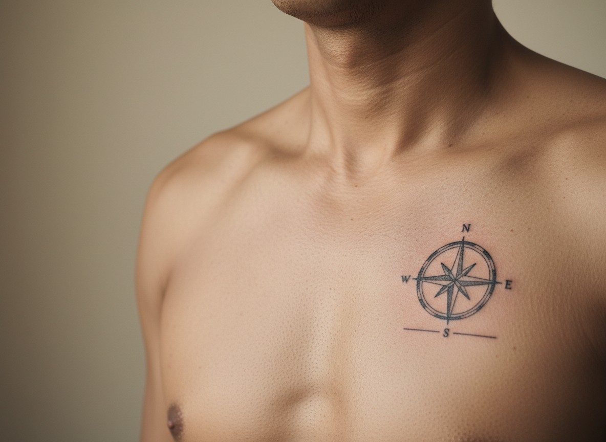 Compass tattoo: compass with coordinates on the chest