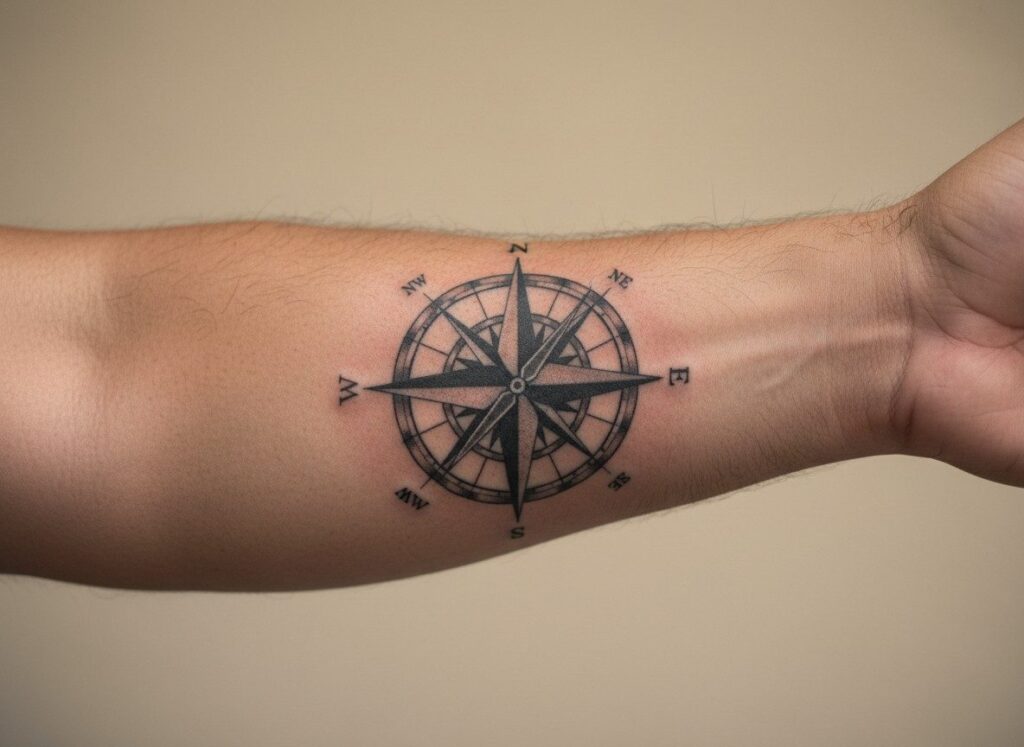 Compass tattoo: realistic compass on the forearm