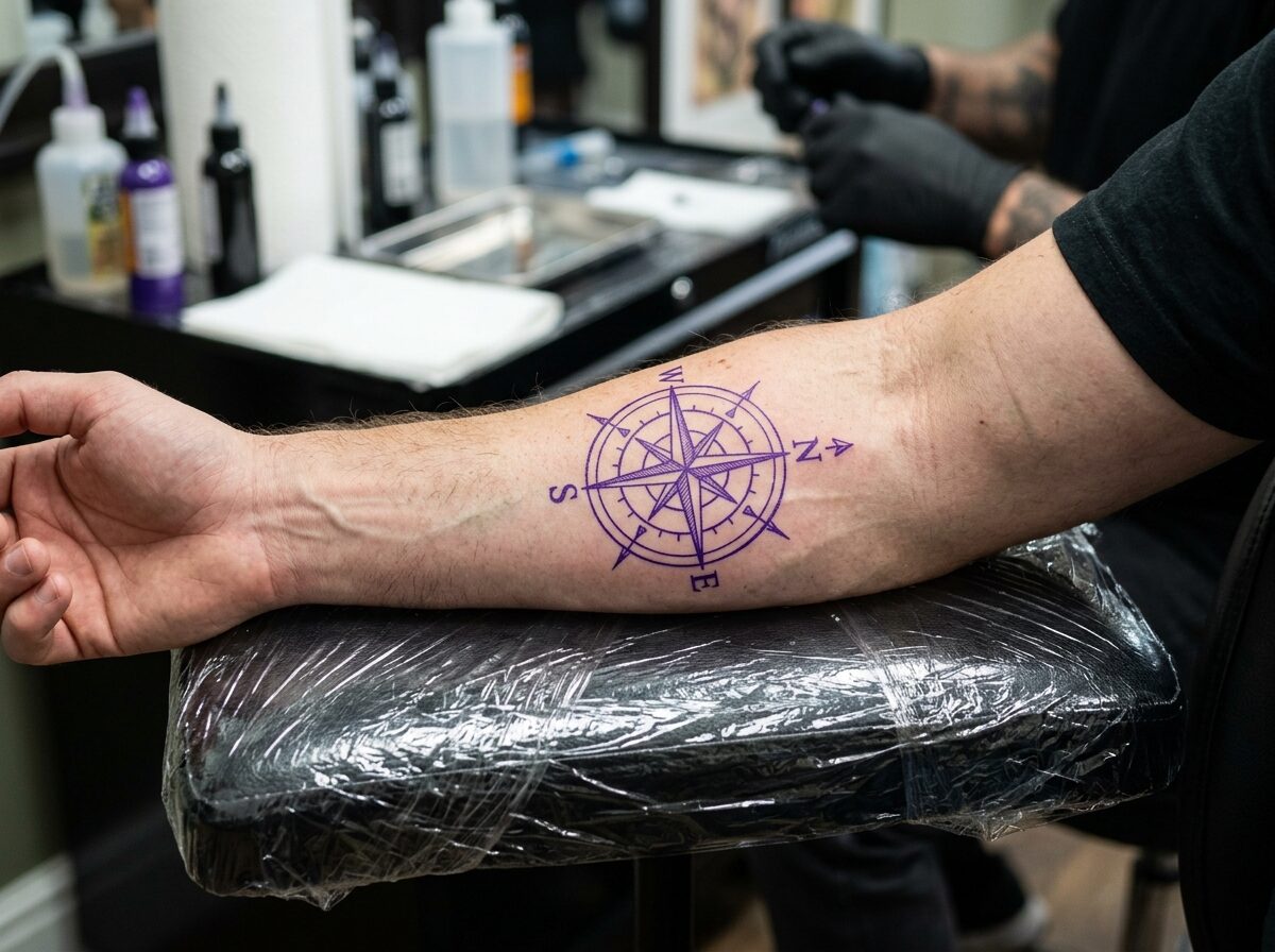 Compass tattoo stencil on a man's inner forearm