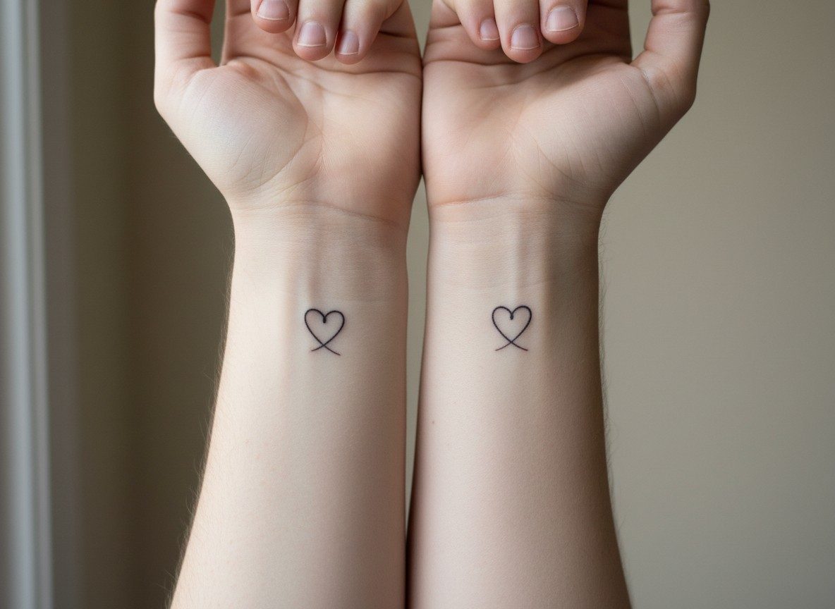 Couple tattoos: matching tiny hearts on the inner wrists side by side