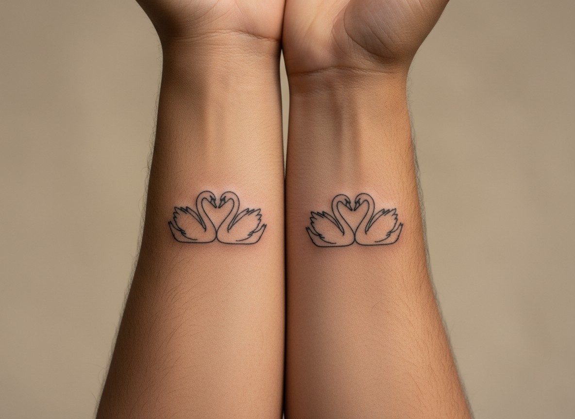 Couple tattoos: matching small animals on the forearms side by side